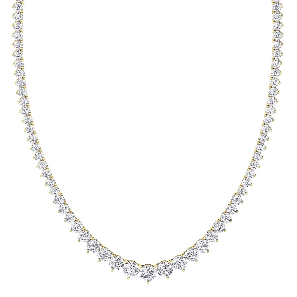 Three prong graduated round natural diamond tennis necklace in yellow gold