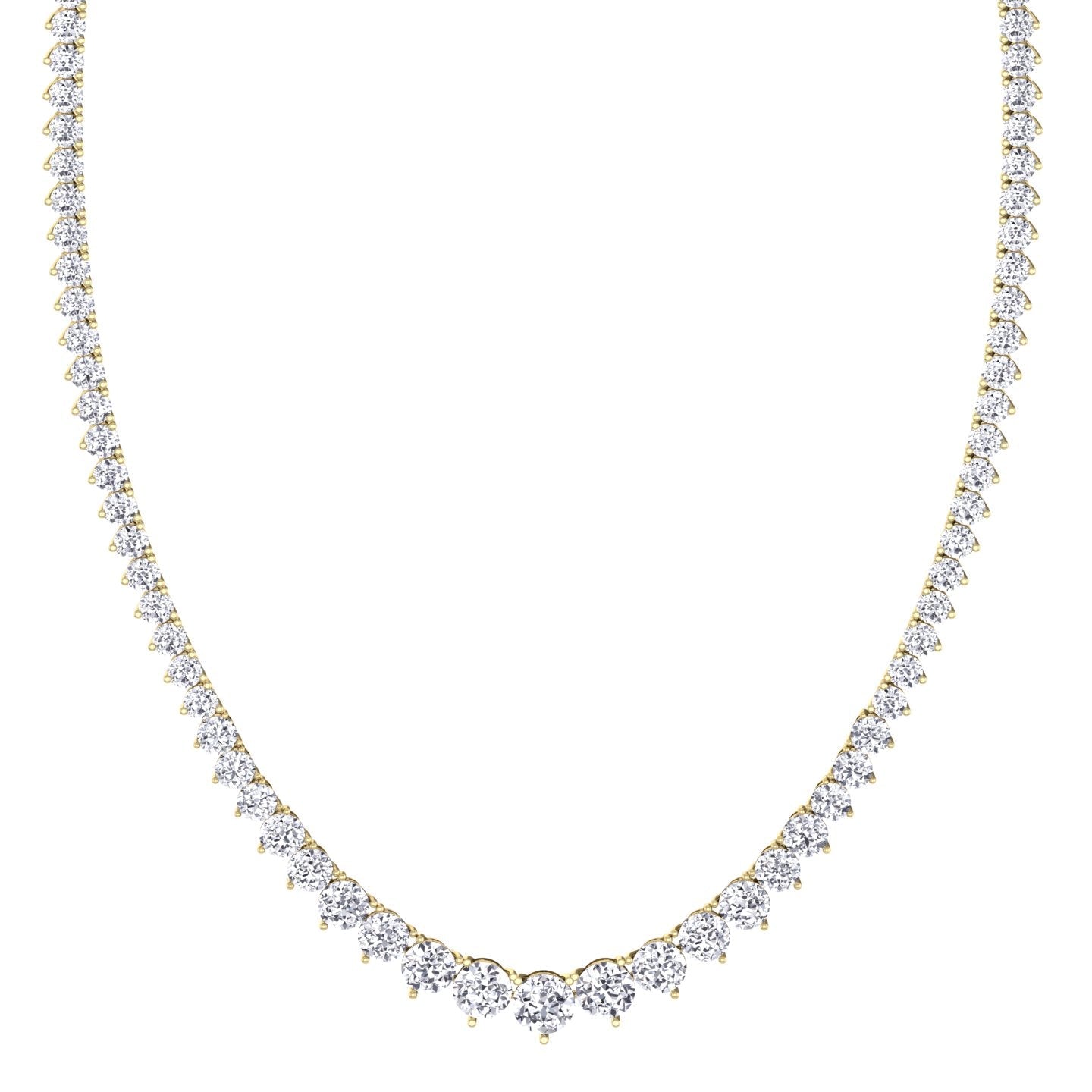 Three prong graduated round natural diamond tennis necklace in yellow gold
