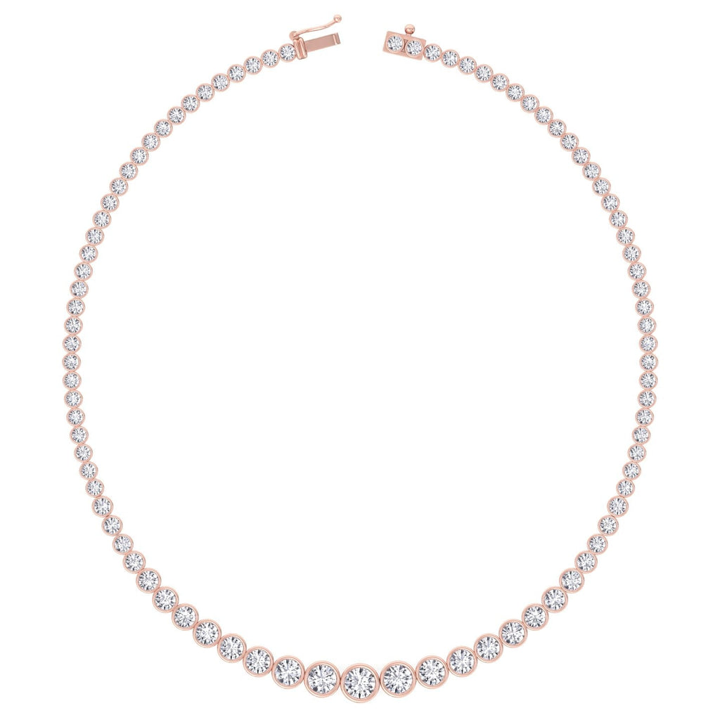 Bezel set graduated round natural diamond tennis necklace in rose gold