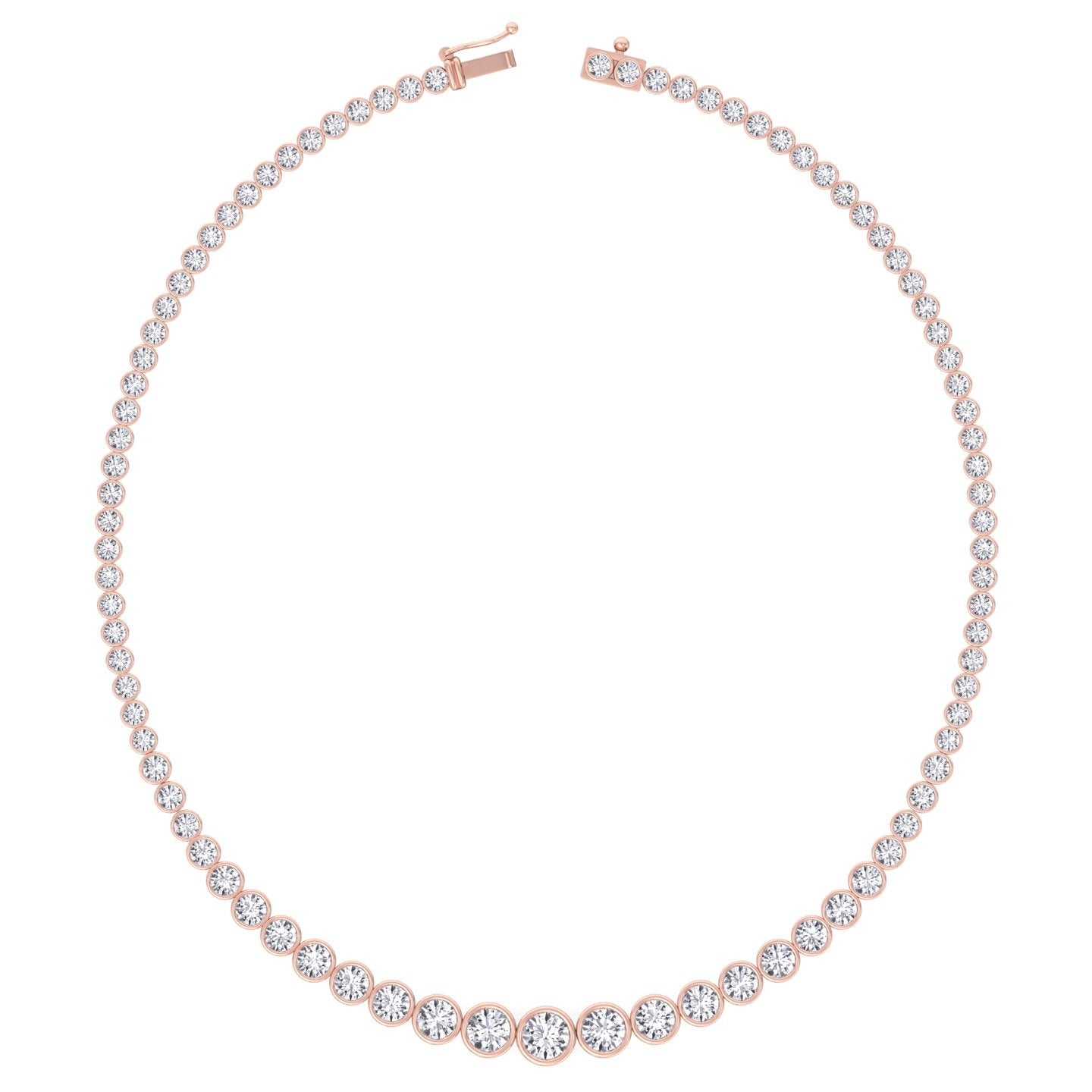 Bezel set graduated round natural diamond tennis necklace in rose gold