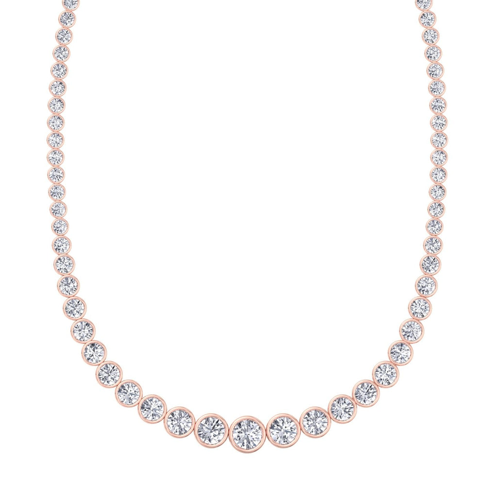Bezel set graduated round natural diamond tennis necklace in rose gold, close detail