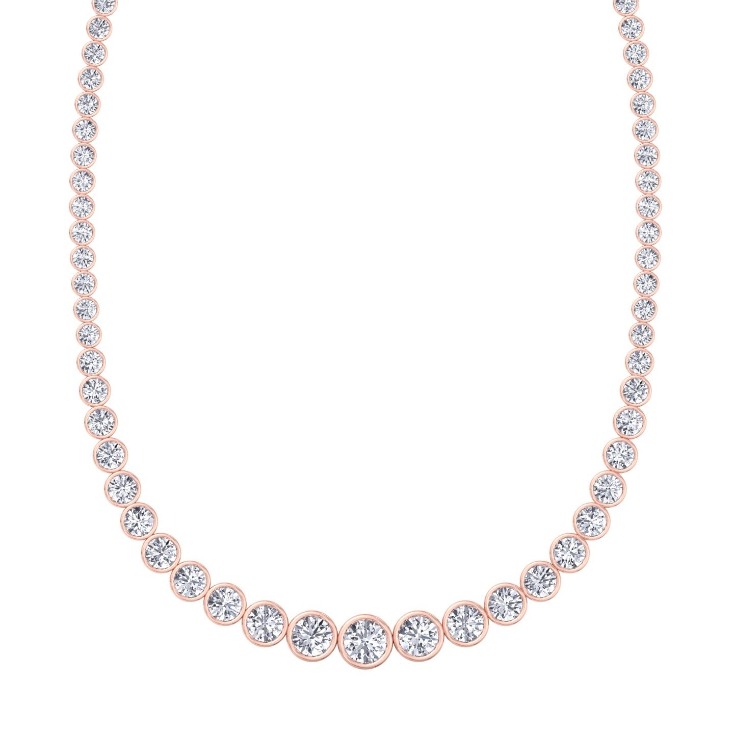 Bezel set graduated round natural diamond tennis necklace in rose gold, close detail