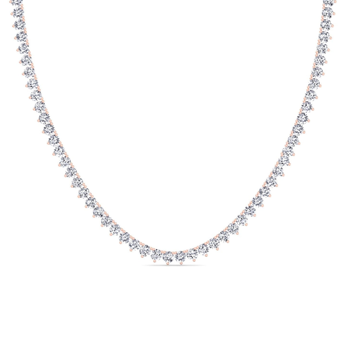 Three prong round lab grown diamond tennis necklace in rose gold