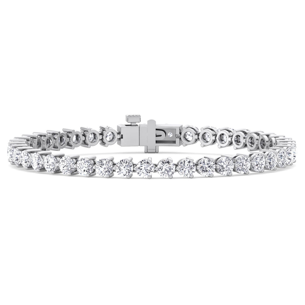 Three prong round natural diamond tennis bracelet in solid white gold