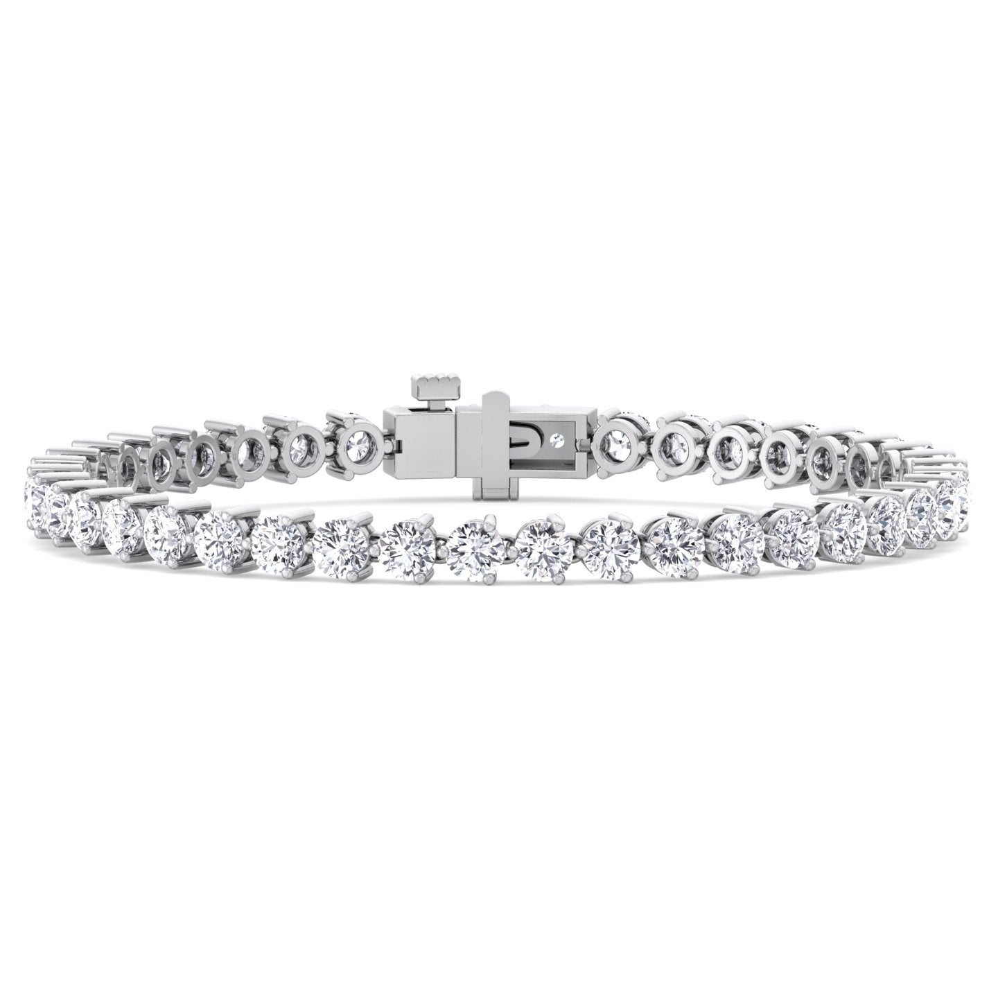 Three prong round lab grown diamond tennis bracelet in solid white gold