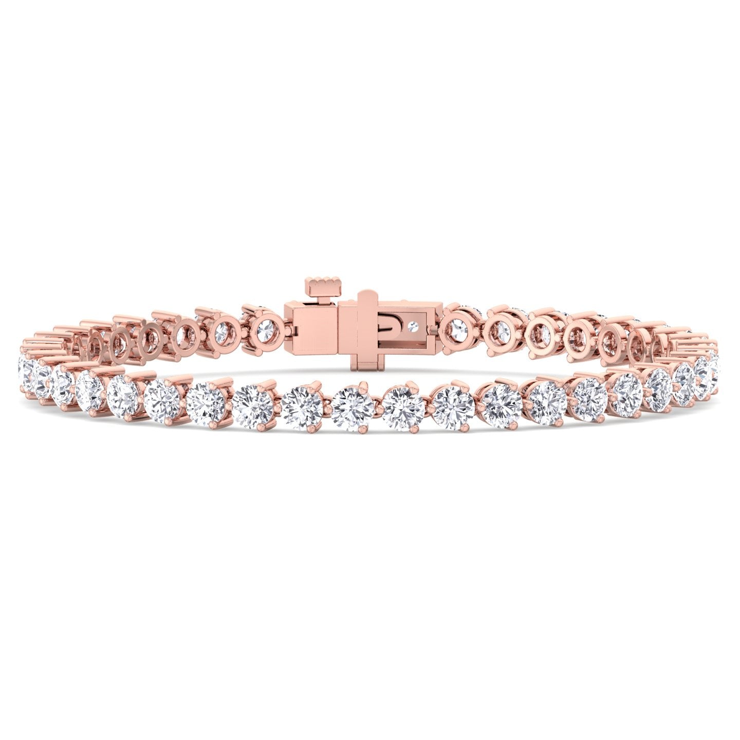 Three prong round natural diamond tennis bracelet in solid rose gold