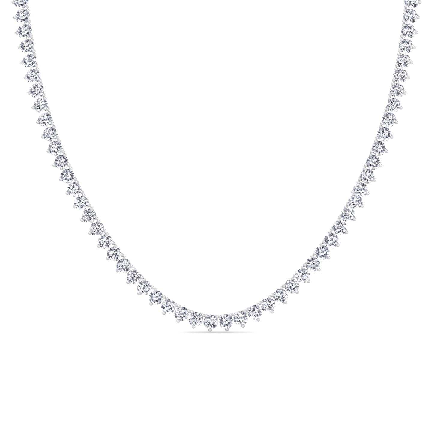 Three prong round natural diamond tennis necklace in white gold