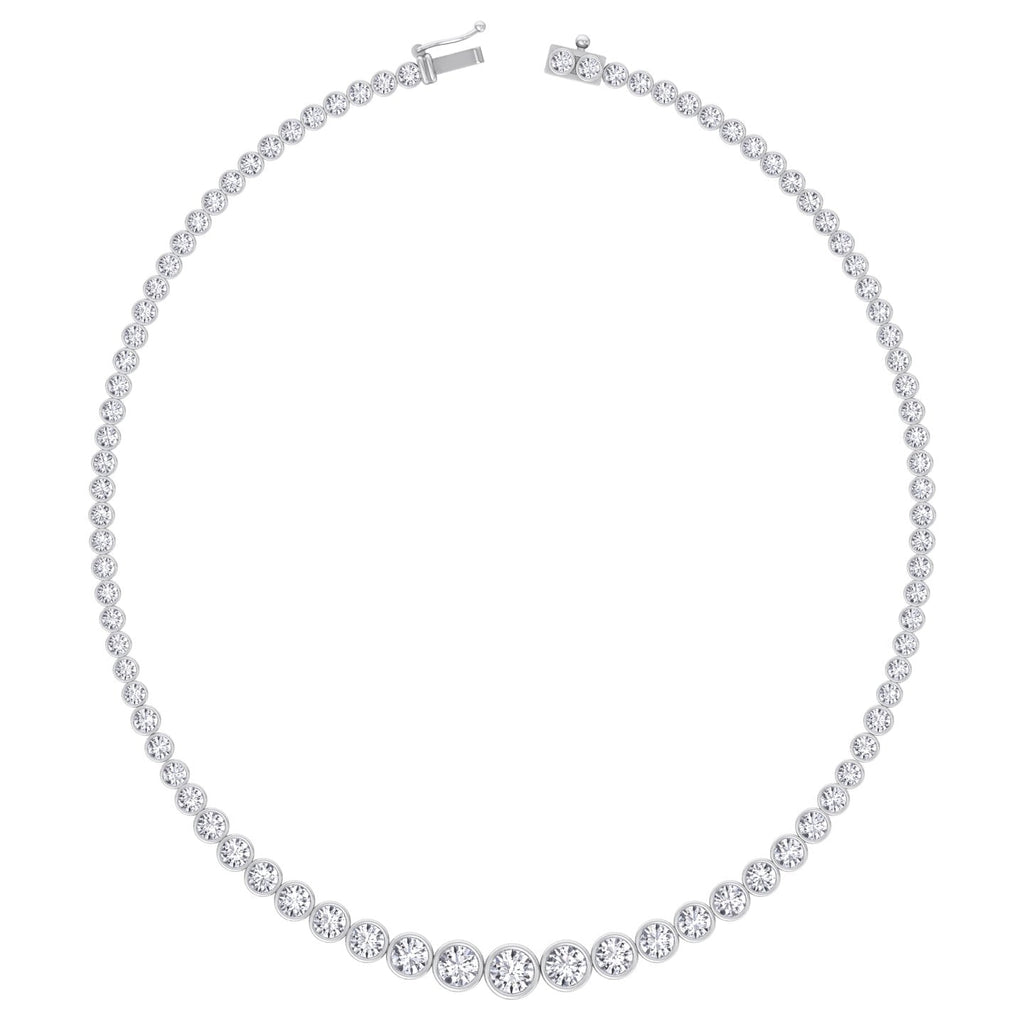 Bezel set graduated round lab grown diamond tennis necklace in white gold, close detail
