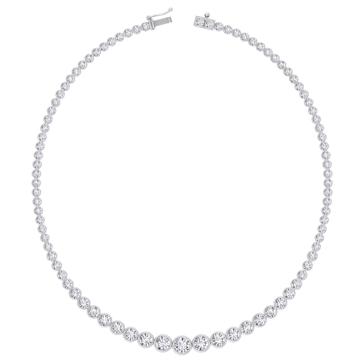 Bezel set graduated round lab grown diamond tennis necklace in white gold, close detail