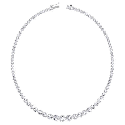 Bezel set graduated round lab grown diamond tennis necklace in white gold, close detail