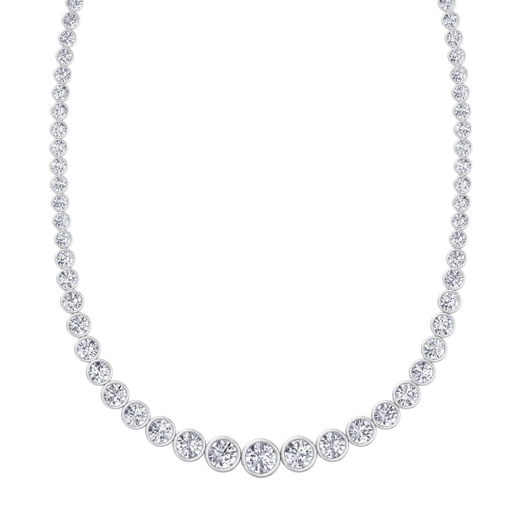 Bezel set graduated round natural diamond tennis necklace in white gold