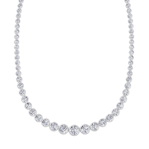 Bezel set graduated round natural diamond tennis necklace in white gold