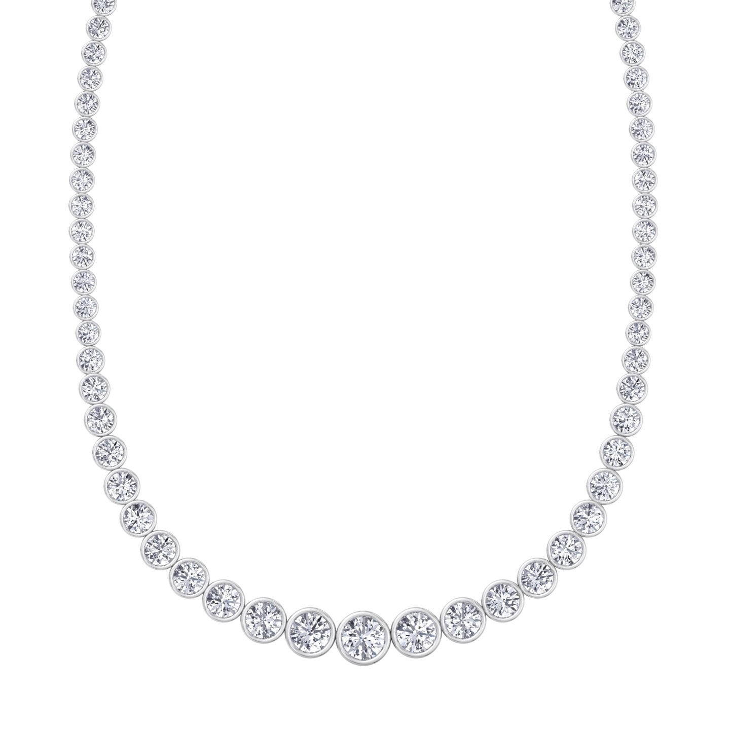 Bezel set graduated round lab grown diamond tennis necklace in white gold