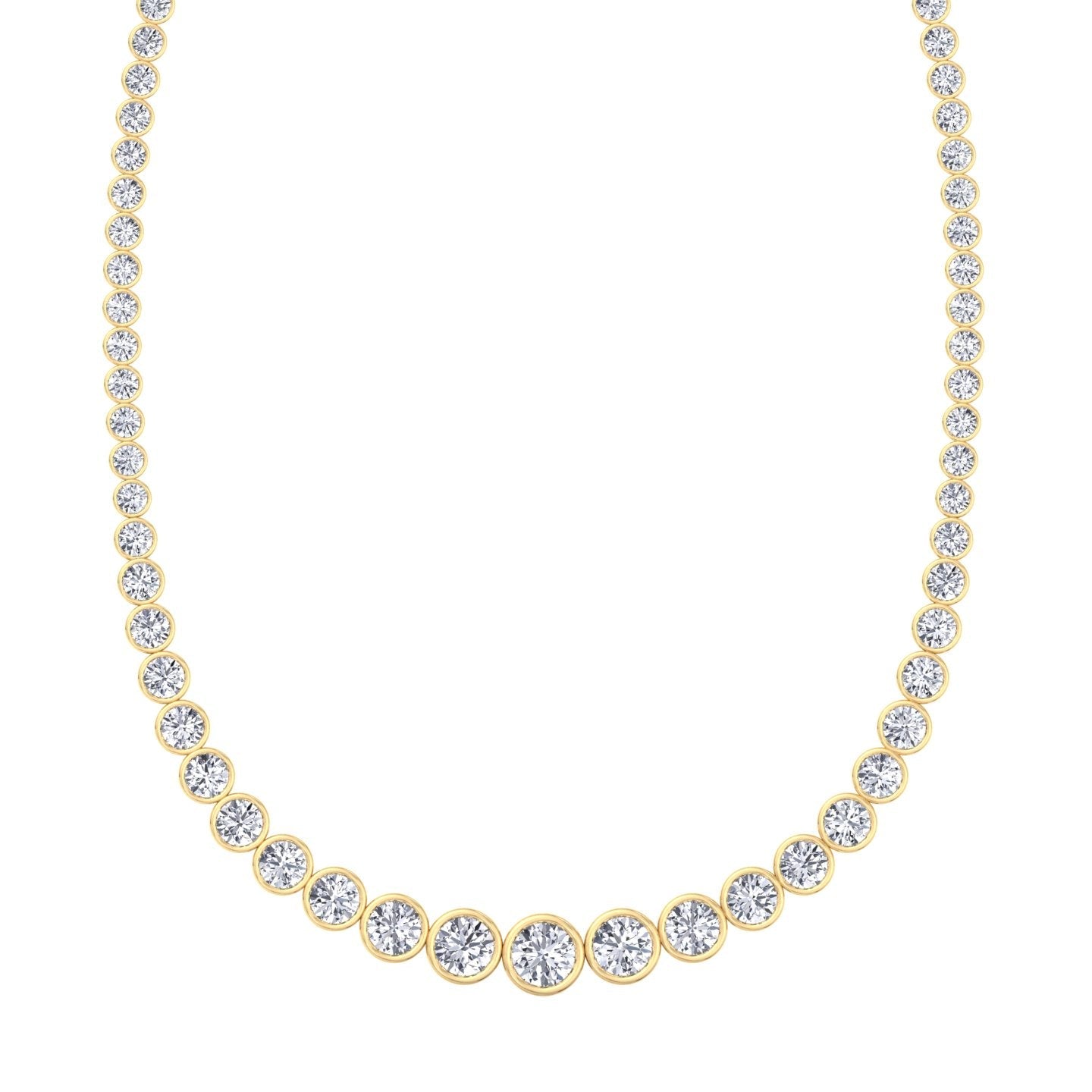 Bezel set graduated round natural diamond tennis necklace in yellow gold