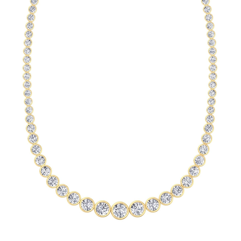 Bezel set graduated round lab grown diamond tennis necklace in yellow gold