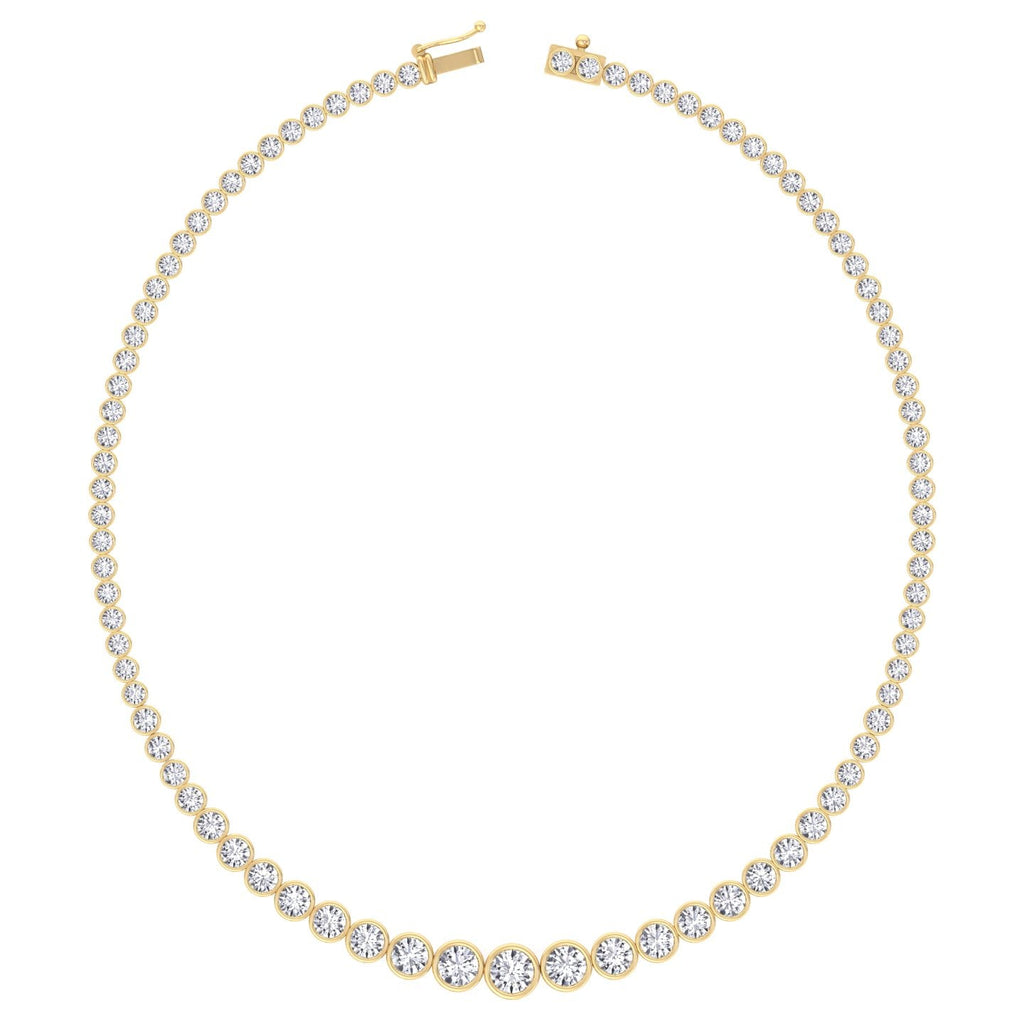 Bezel set graduated round lab grown diamond tennis necklace in yellow gold, close detail