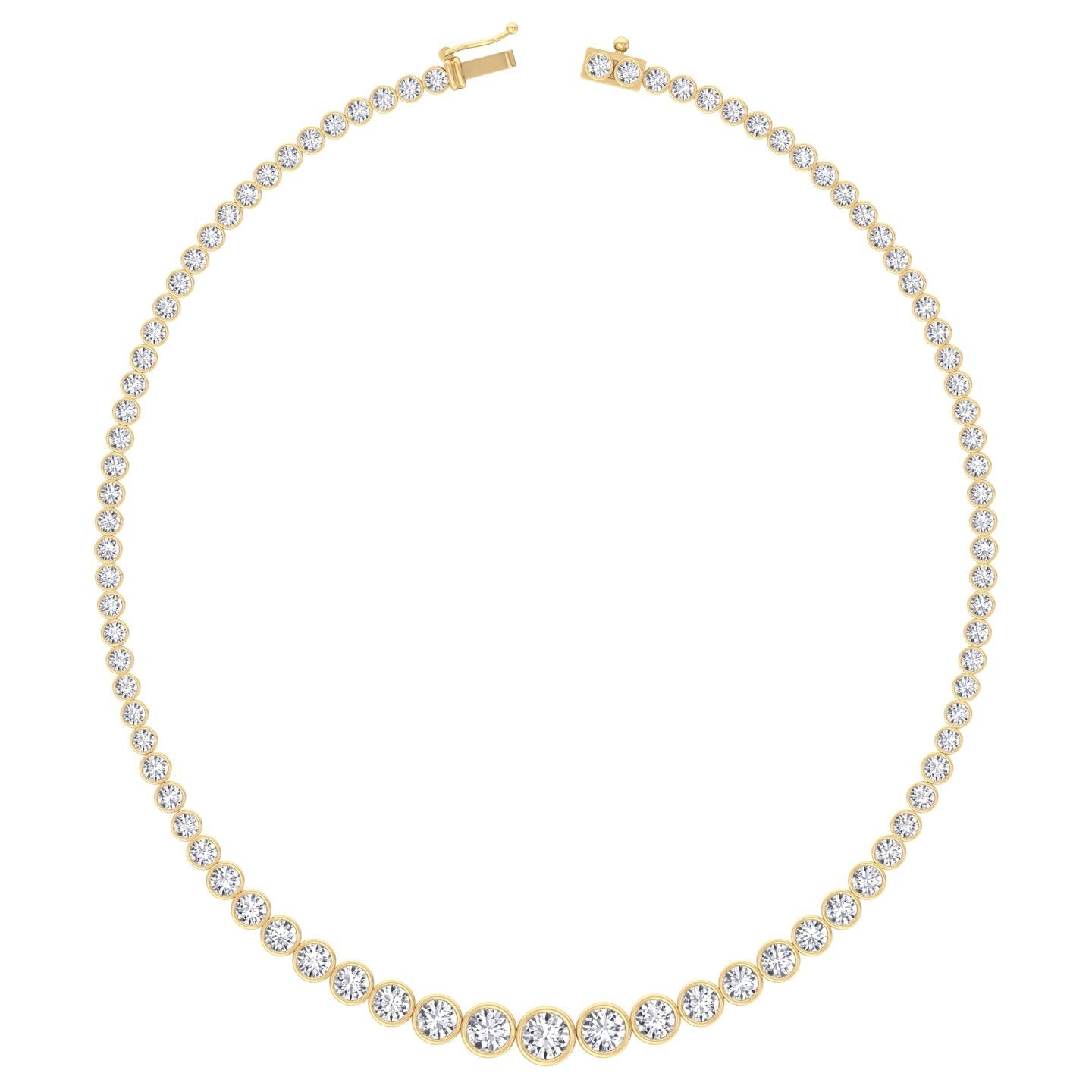 Bezel set graduated round lab grown diamond tennis necklace in yellow gold, close detail