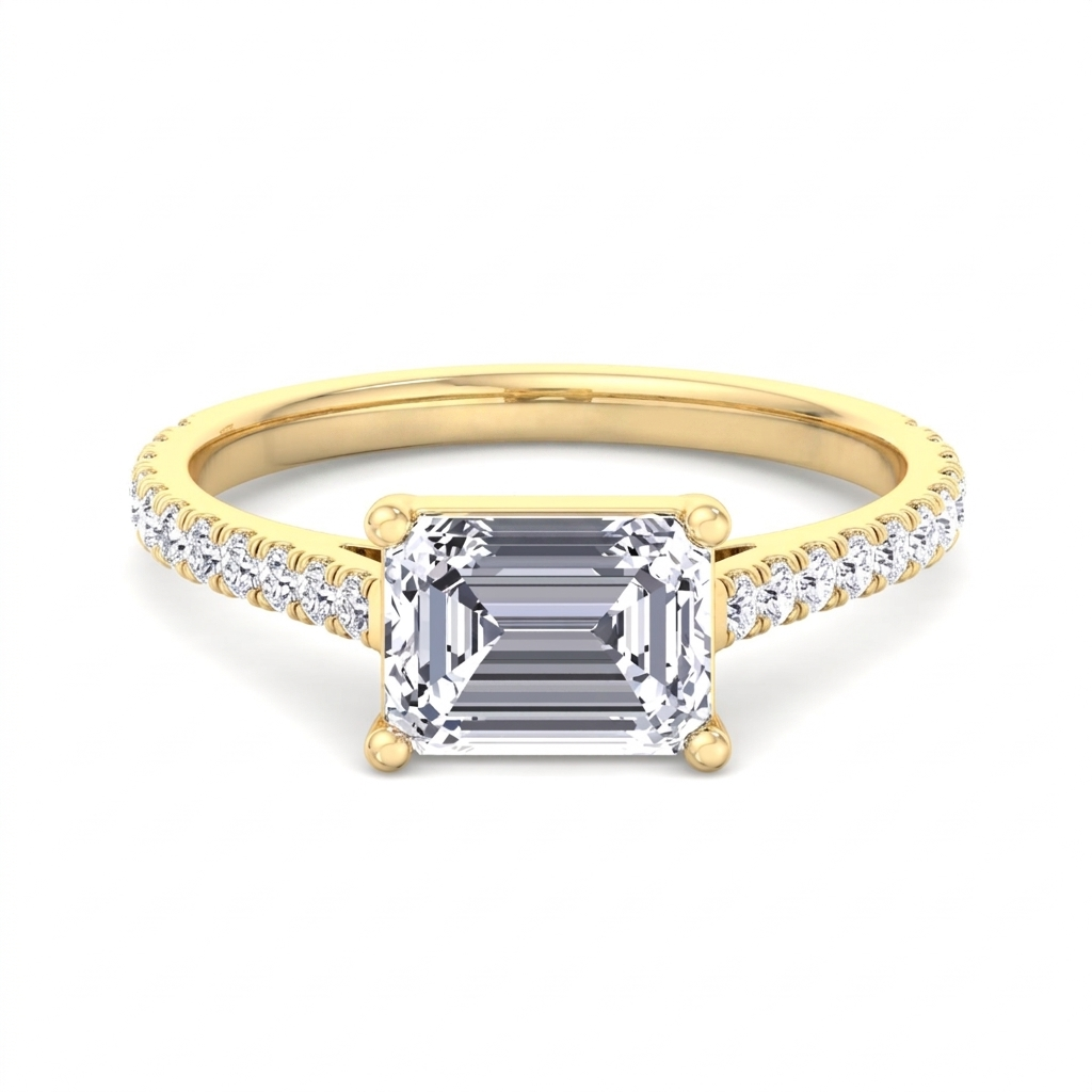 Costa engagement ring, emerald cut diamond set horizontally along the finger