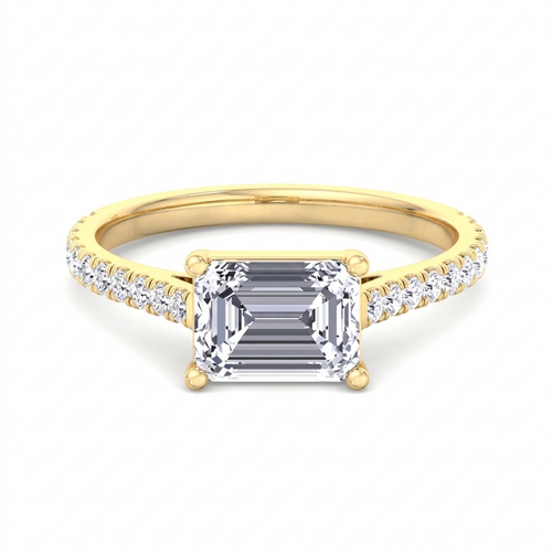 Costa engagement ring, emerald cut diamond set horizontally along the finger