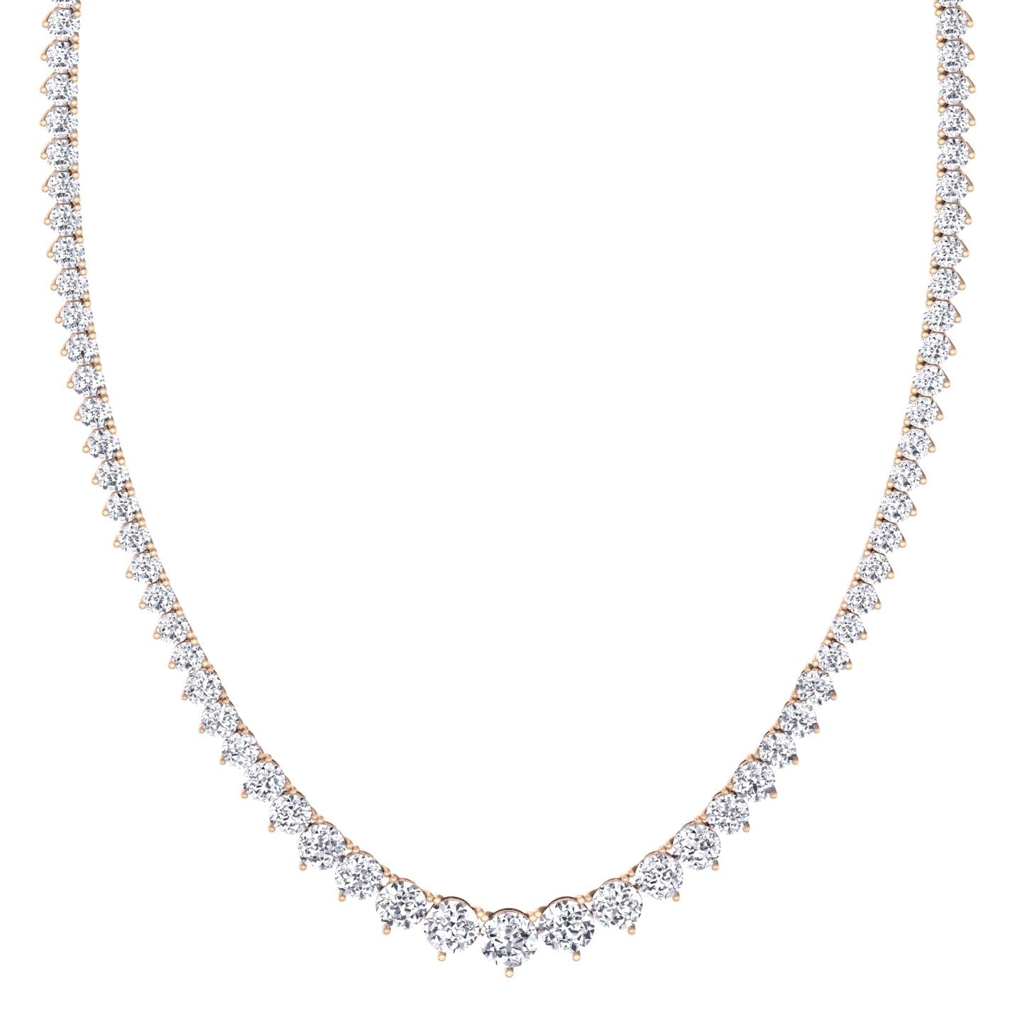 Three prong graduated round lab grown diamond tennis necklace in rose gold