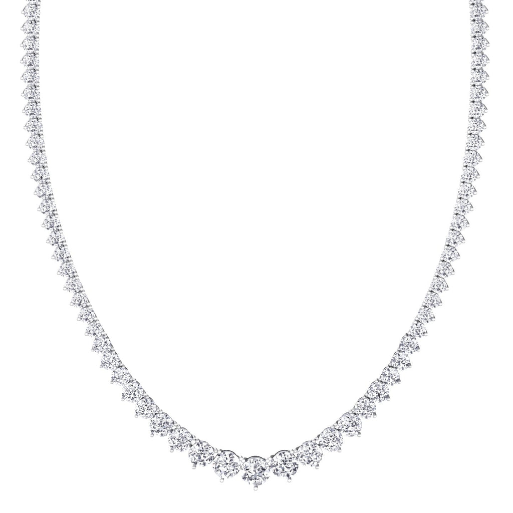 Three prong graduated round lab grown diamond tennis necklace in white gold