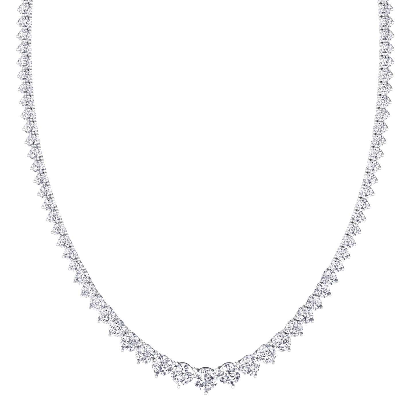 Three prong graduated round lab grown diamond tennis necklace in white gold