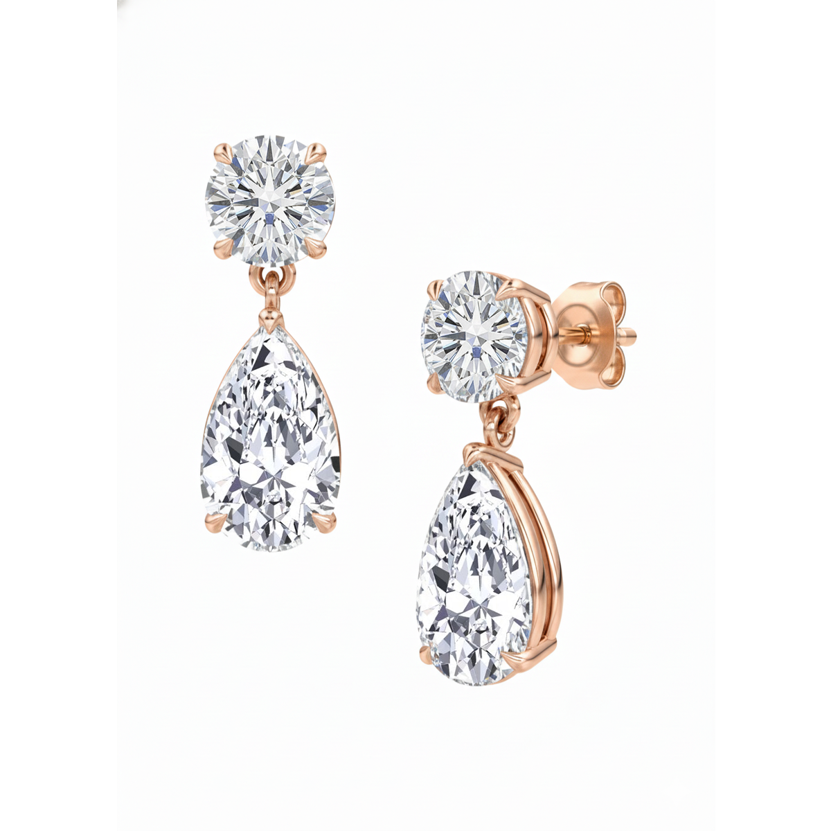 Marea pear and round diamond drop earrings in rose gold