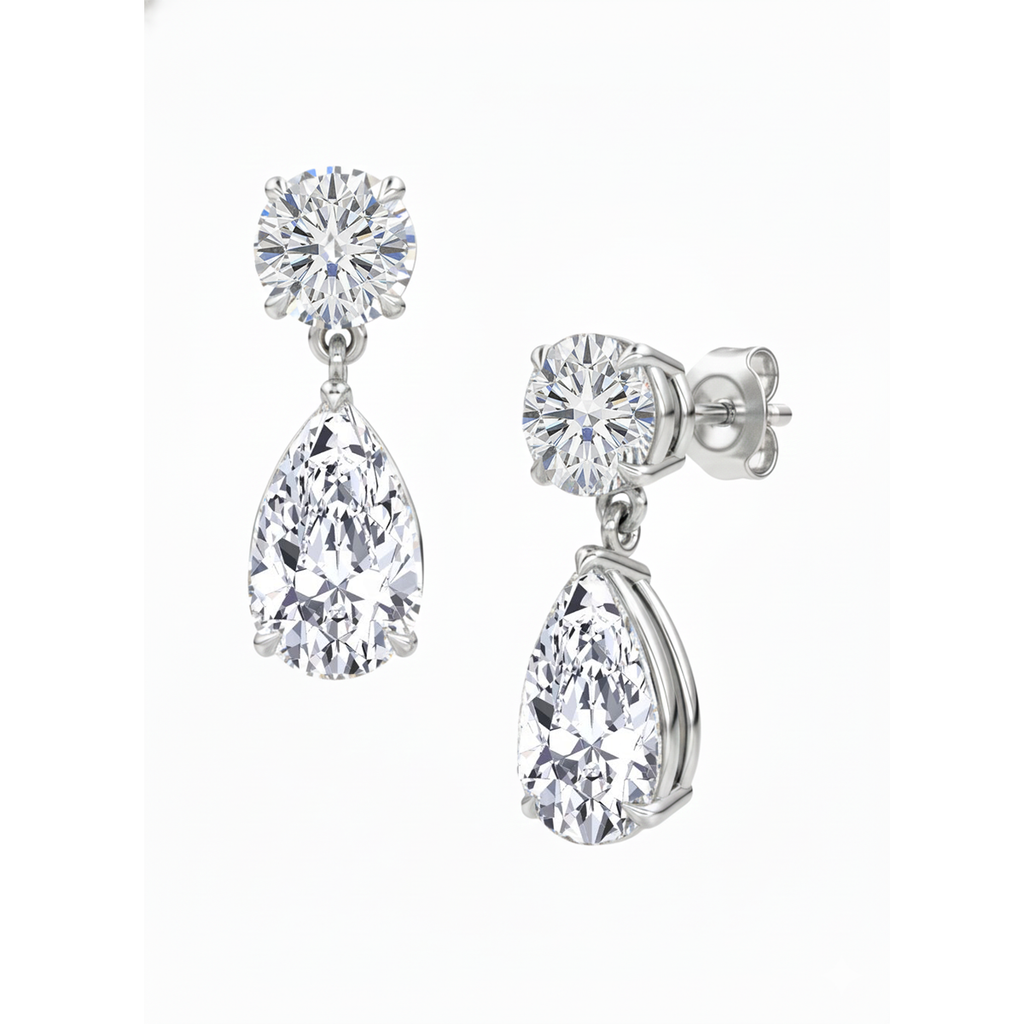 Marea pear and round diamond drop earrings in white gold