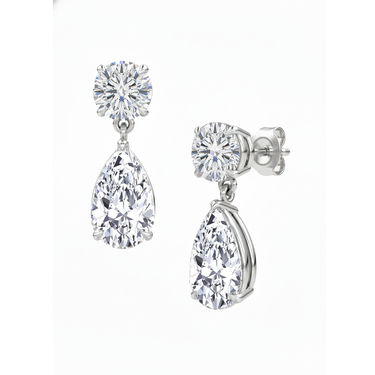 Marea pear and round diamond drop earrings in white gold