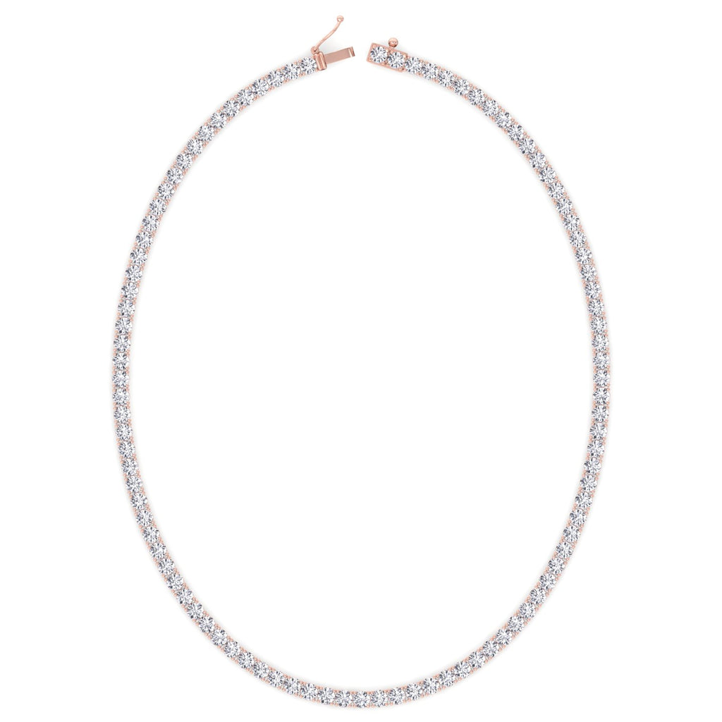 Four prong round natural diamond tennis necklace in rose gold, close detail