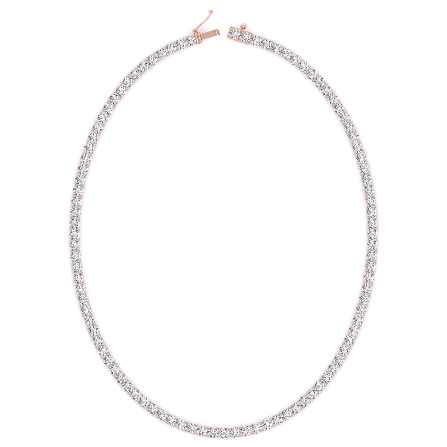Four prong round natural diamond tennis necklace in rose gold, close detail