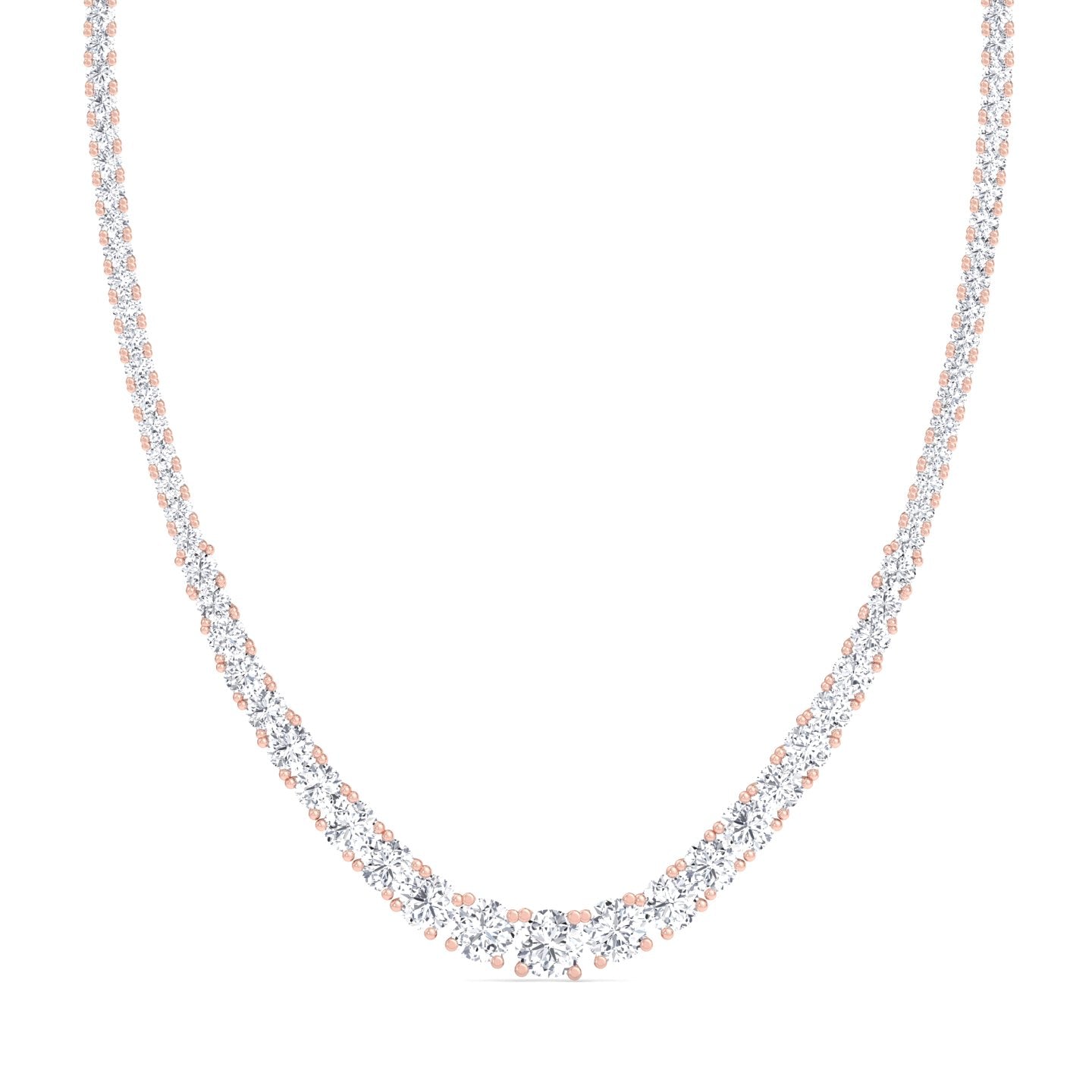 Four prong graduated round natural diamond tennis necklace in rose gold
