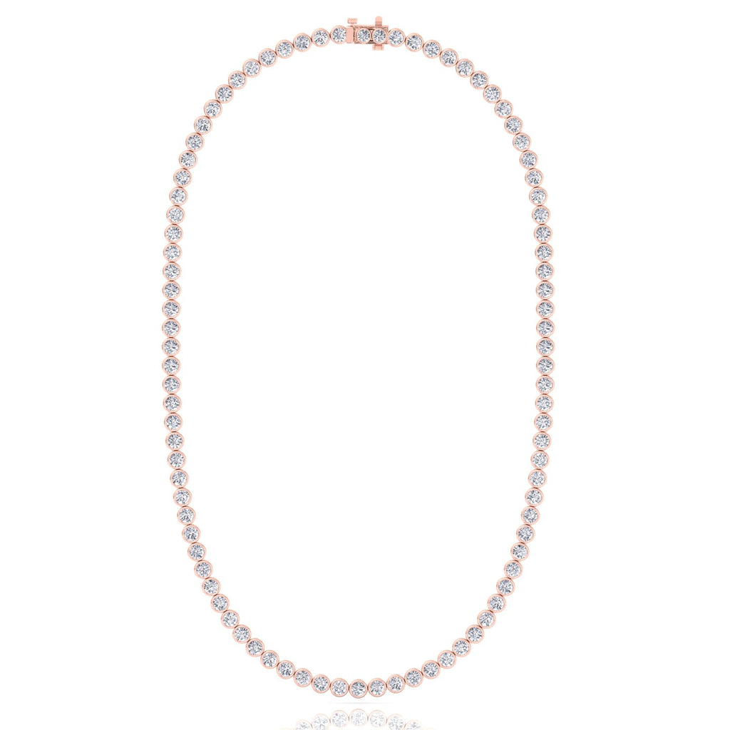 Bezel set round lab grown diamond tennis necklace in rose gold, close detail
