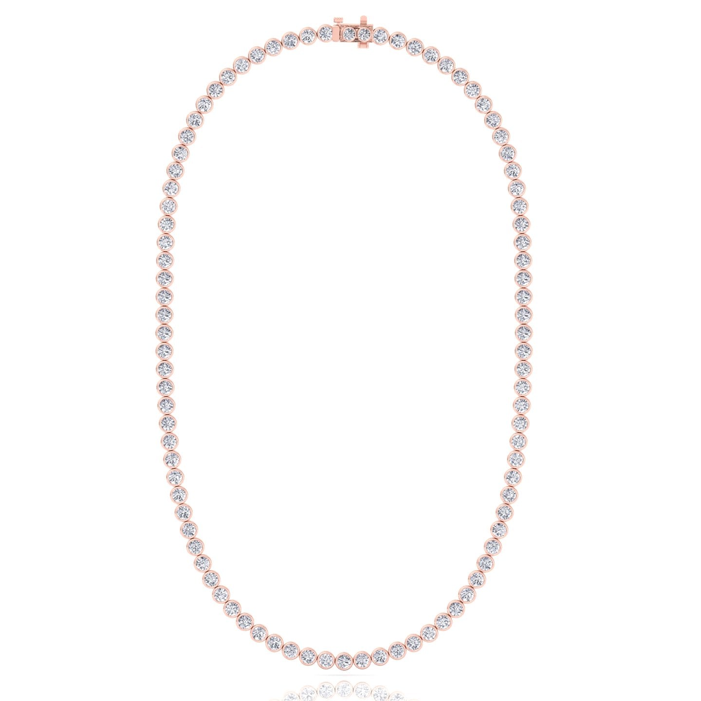 Bezel set round lab grown diamond tennis necklace in rose gold, close detail