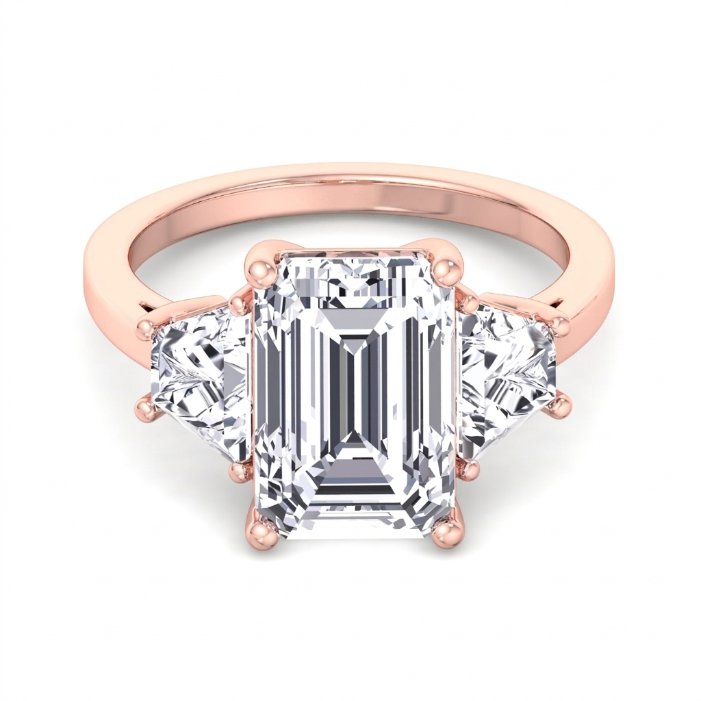Vela engagement ring detail showing the angled trapezoid side stones