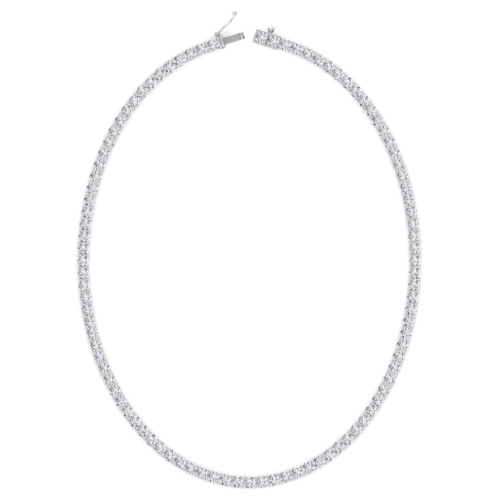 Four prong round natural diamond tennis necklace in white gold, close detail