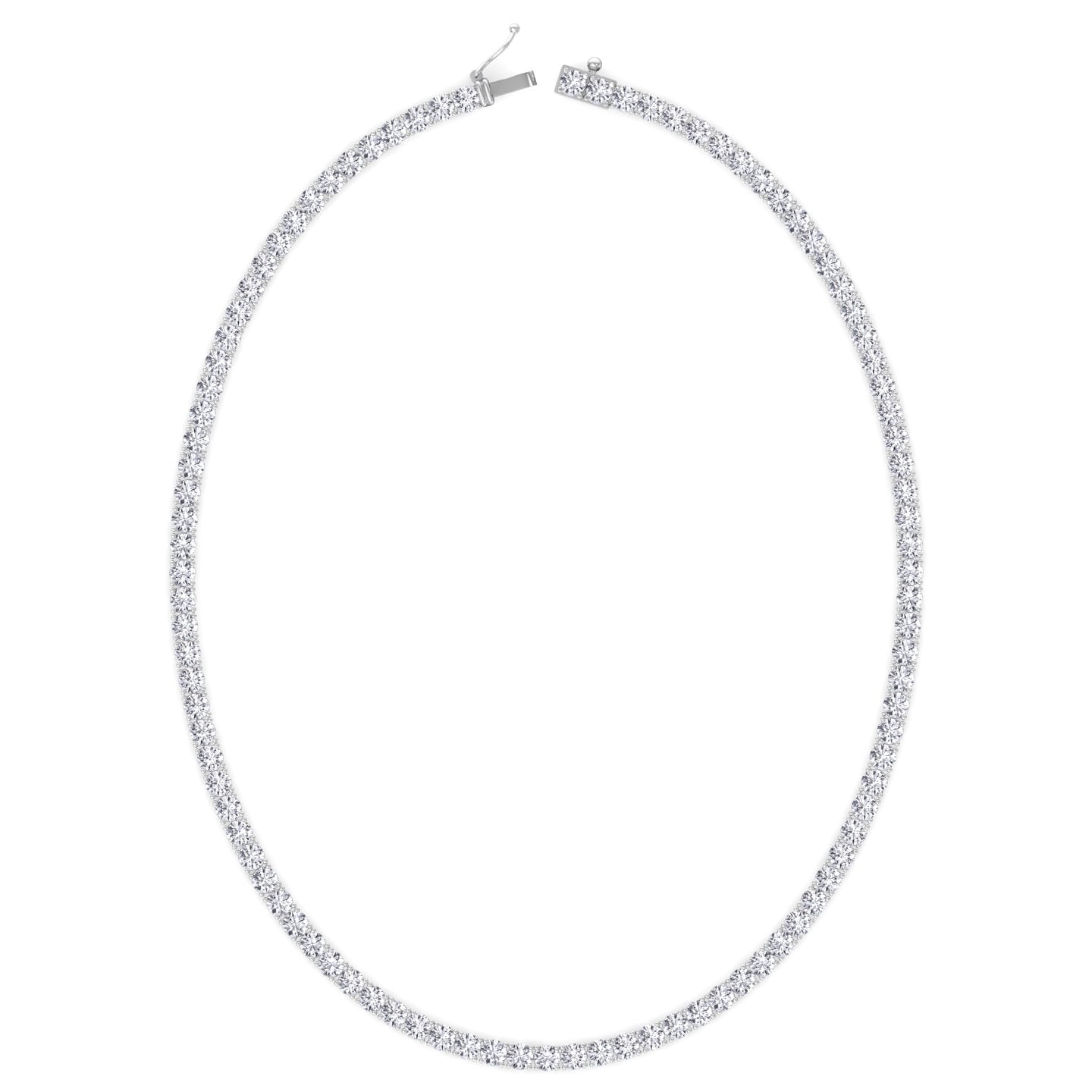 Four prong round natural diamond tennis necklace in white gold, close detail