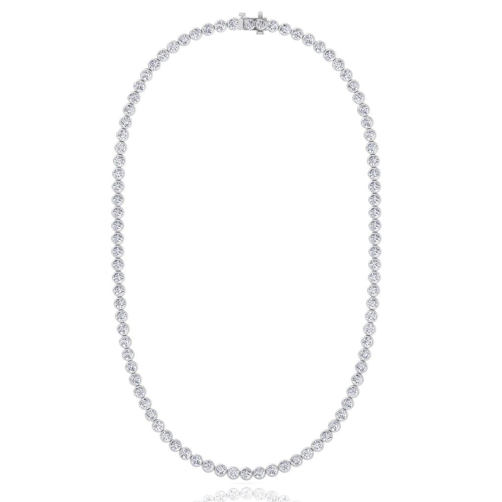 Bezel set round natural diamond tennis necklace in white gold, close detail