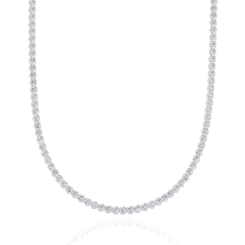 Bezel set round lab grown diamond tennis necklace in white gold