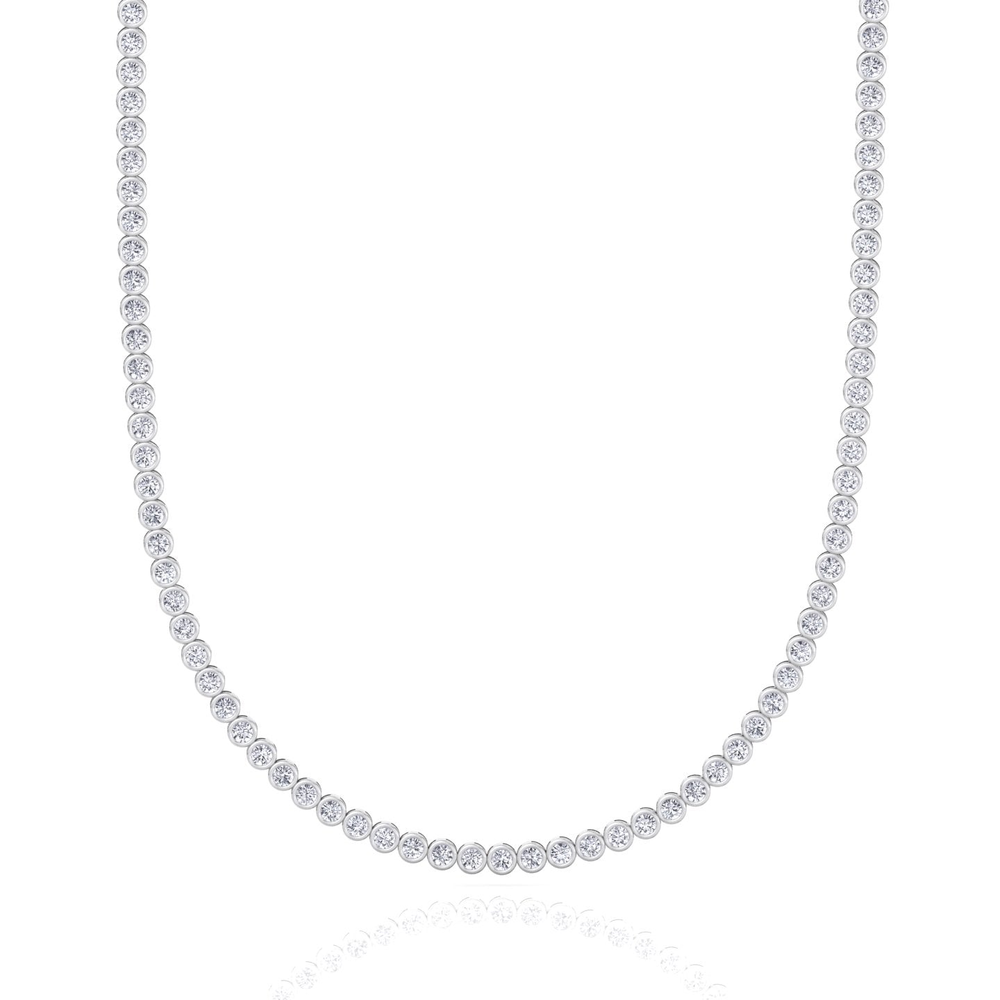 Bezel set round lab grown diamond tennis necklace in white gold