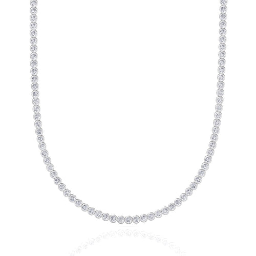 Bezel set round lab grown diamond tennis necklace in white gold