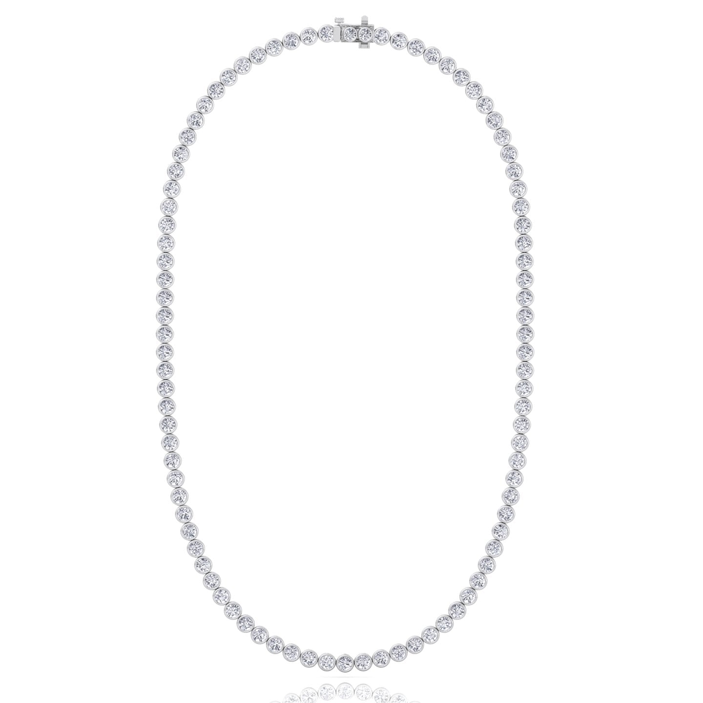 Bezel set round lab grown diamond tennis necklace in white gold, close detail