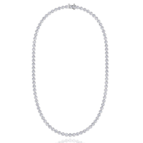 Bezel set round lab grown diamond tennis necklace in white gold, close detail