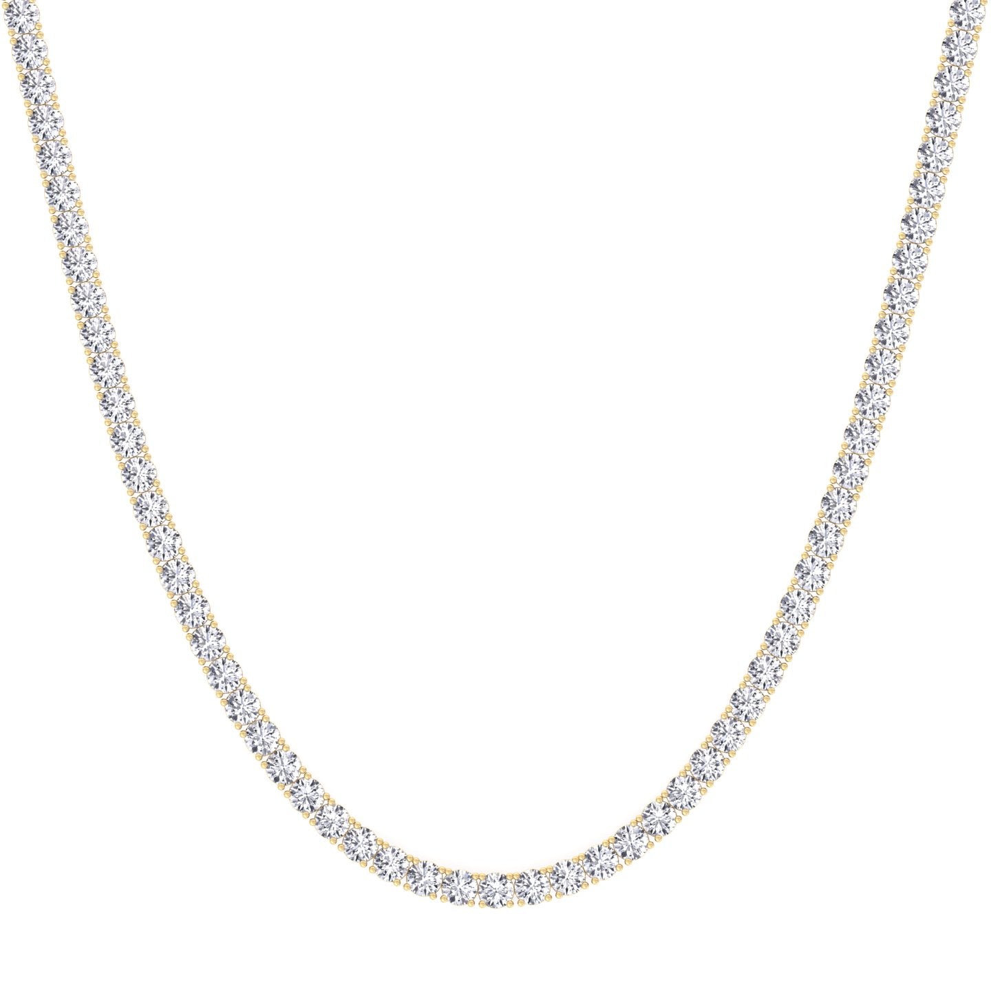 Four prong round natural diamond tennis necklace in yellow gold