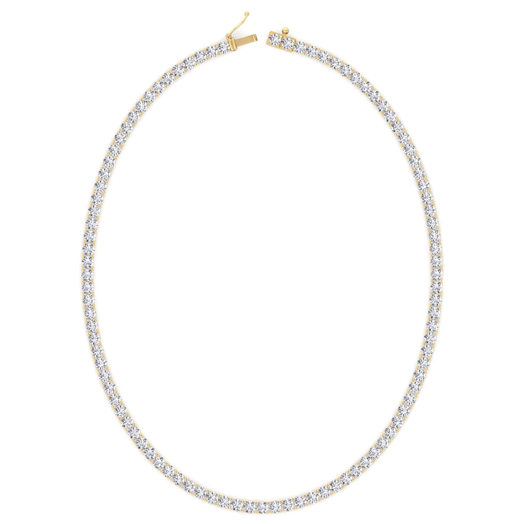 Four prong round lab grown diamond tennis necklace in yellow gold, close detail