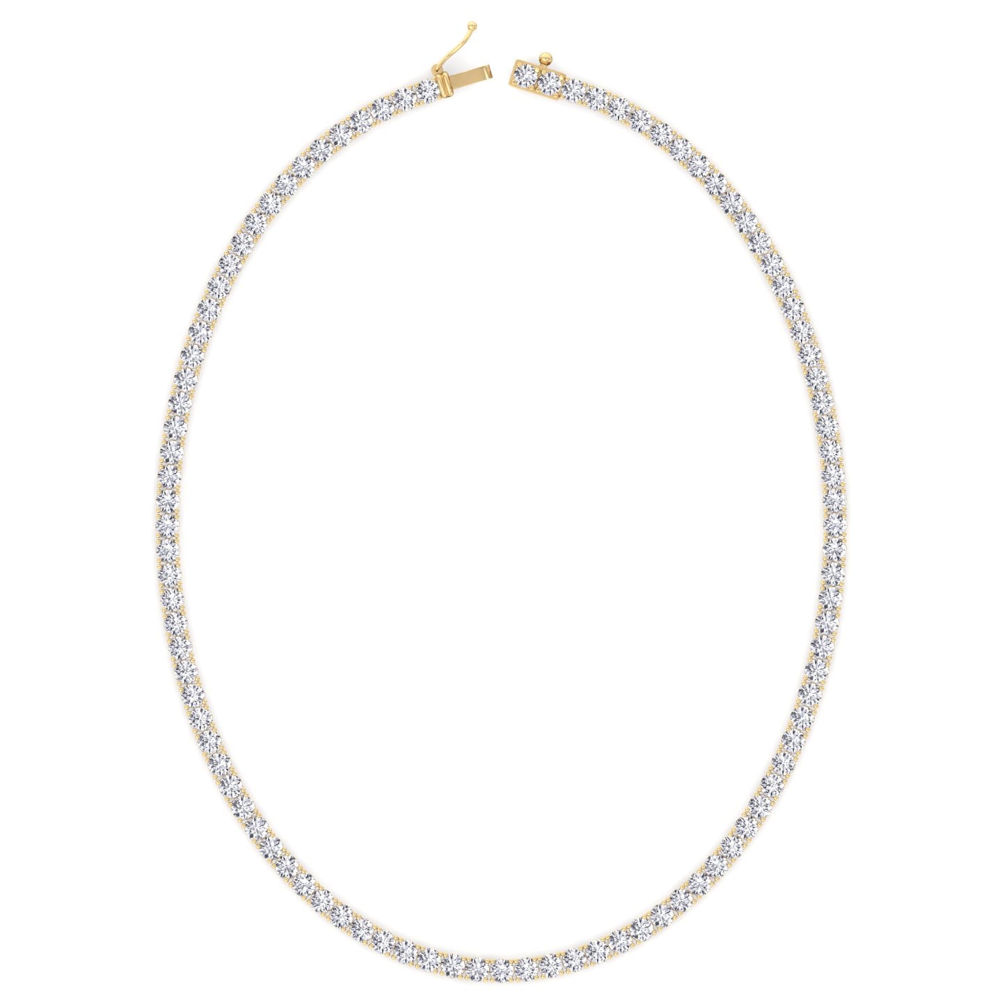 Four prong round lab grown diamond tennis necklace in yellow gold, close detail