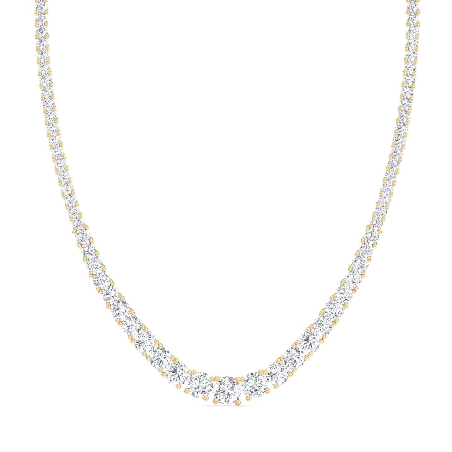 Four prong graduated round natural diamond tennis necklace in yellow gold