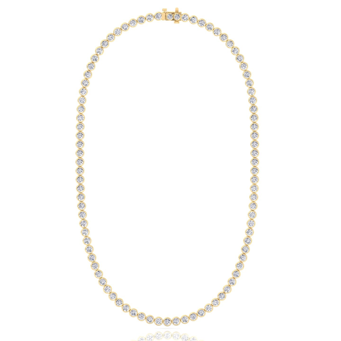 Bezel set round lab grown diamond tennis necklace in yellow gold