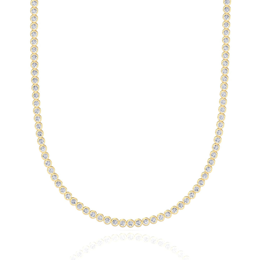 Bezel set round natural diamond tennis necklace in yellow gold, close detail