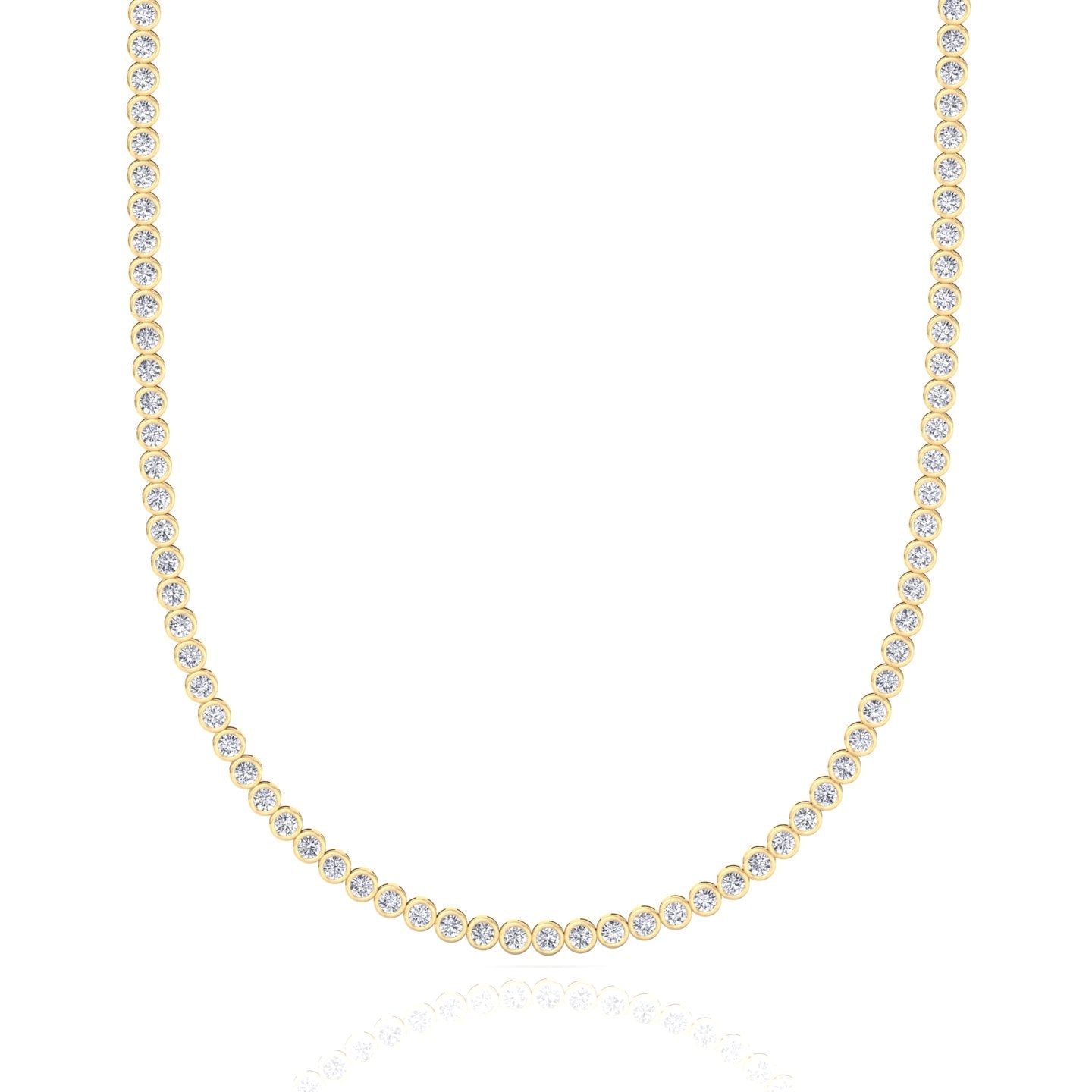 Bezel set round natural diamond tennis necklace in yellow gold, close detail